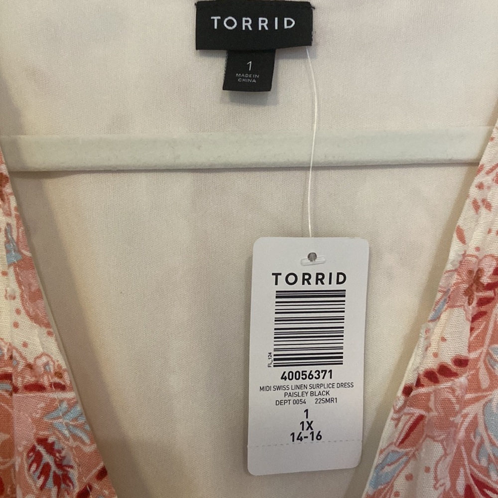 Torrid MIDI Swiss Linen Surplice Dress Paisley SZ 1 Beige Blush Pink Blue NWT - Picture 4 of 9